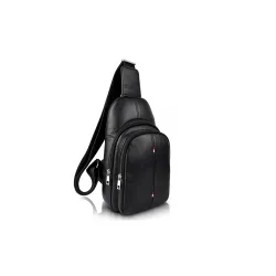 Premium Genuine Leather Sling Bag for Men & Women | Stylish Crossbody Chest Bag | Multi Compartment Travel Office Casual Bag | Adjustable Strap | Durable Metal Zippers (Black)