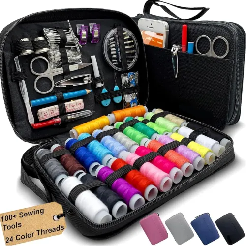 Image of Premium Sewing Bundle Kit with Thread Spools Needles Scissors Measuring Tape and Accessories in Zipper Storage Case T