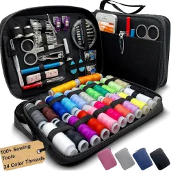 Premium Sewing Bundle Kit with Thread Spools Needles Scissors Measuring Tape and Accessories in Zipper Storage Case T