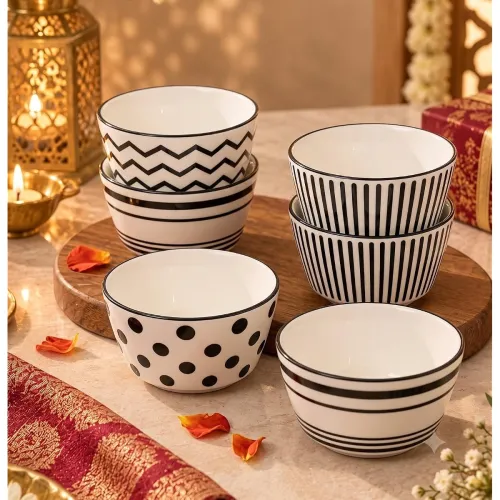 Image of Premium Ceramic Geometric Bowls Set (400ml, Black & White, Pack of 6)