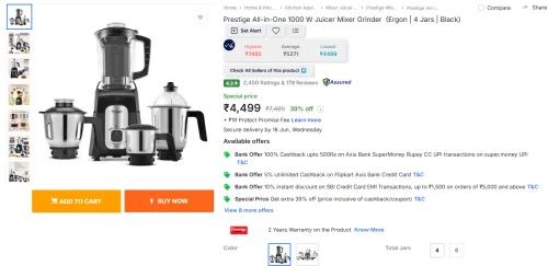 Image of Prestige All-in-One 1000 W Juicer Mixer Grinder 4 Jars 