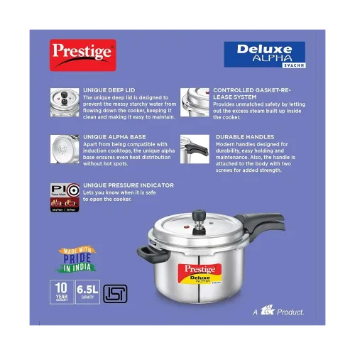 Image of Prestige 6.5 Litres Deluxe Alpha Svachh Induction Base Outer Lid Stainless Steel Pressure Cooker 