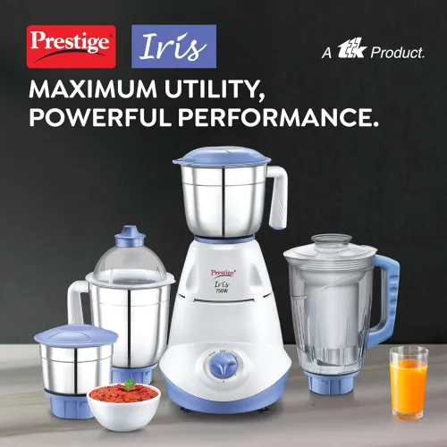 Image of Prestige Iris 750 Watt Mixer Grinder with 3 Stainless Steel Jar + 1 Juicer Jar (White and Blue)