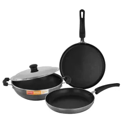 Prestige Non-Stick 3 Pc Cookware Set with Stainless Steel Lid | Omega Select Plus | Omni Tawa 25cm | Fry Pan 25cm | 