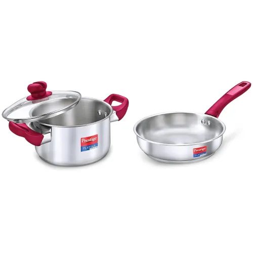 Image of Prestige Platina Popular Gas and Induction Compatible Casserole with Glass Lid, 200 Mm, 3 Litre & Platina Popular Gas an