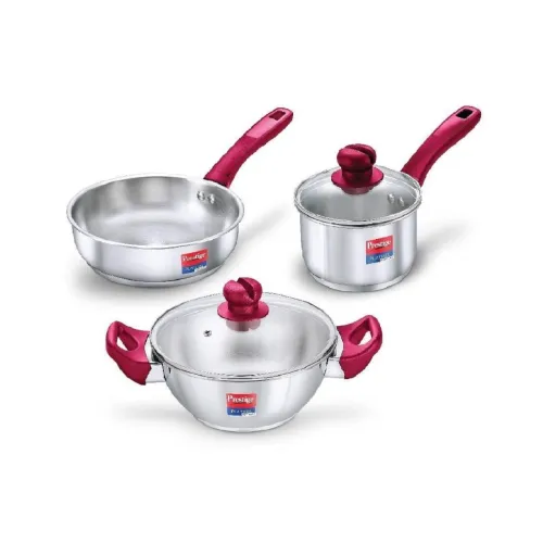 Image of Prestige Stainless Steel 3 Pc Cookware Set with 2 Glass Lids | Platina Popular | Fry Pan 22cm/1.9L | Kadai 22cm/2.25L | 
