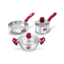 Prestige Stainless Steel 3 Pc Cookware Set with 2 Glass Lids | Platina Popular | Fry Pan 22cm/1.9L | Kadai 22cm/2.25L | 