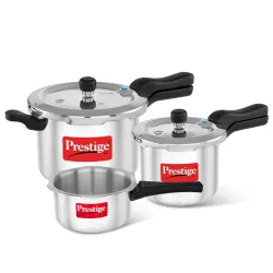 Prestige 2 Litre + 3 Litre + 5 Litre Aluminium Svachh Outer Lid Pressure Cooker Combo with 2 Lids | Deep Lid for Spillag