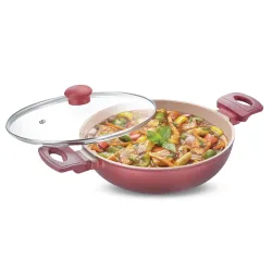 Prestige 24cm /2.4 Litre Omega Die-Cast Non-Stick Kadai with Glass Lid | 3-Layer Coating | Die-Cast Body | Metal Spoon F