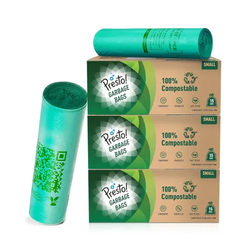 Image of Amazon Brand - Presto! 100% Compostable Garbage Bags | Small (S) | Green | 45 Count | 15 Bags X 3 Packs | 17 x 19 Inches