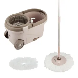 Amazon Brand – Presto! Clean Plastic Spin Mop | Durable Plastic Build with 2 Microfiber Refills | Big Wheels & Drag Handle | 360° Spin Mop with Telescopic Handle | Chestnut