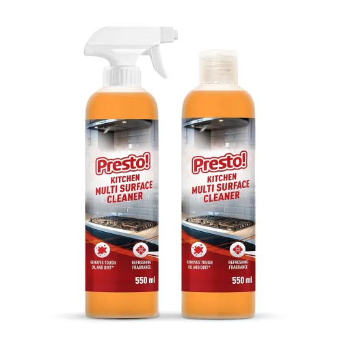 Image of Amazon Brand - Presto! Kitchen Multi Surface cleaner | 1.1 L | 550 ml x Pack of 2| Removes Tough Stains | Refreshing Fra
