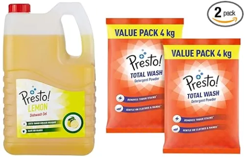 Image of Presto! Total Wash Detergent Powder (4kg+4kg) + Presto! Dishwash Gel 5L (Lemon)
