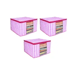 PrettyKrafts 3 layered Quilted saree Cover Bag / wardrobe organizer with transparent window (Pack of 3), Pink Stripes