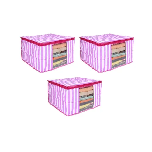 Image of PrettyKrafts 3 layered Quilted saree Cover Bag/ wardrobe organizer with transparent window (Pack of 3), Pink Stripes