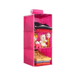 PrettyKrafts 3-Shelf Fabric Hanging Wardrobe Organizer | Foldable Multipurpose Storage Almirah for Clothes, Shoes, & Toys | Space-Saving Closet Hanging Shelves with Engineered Wood Base (Pink)
