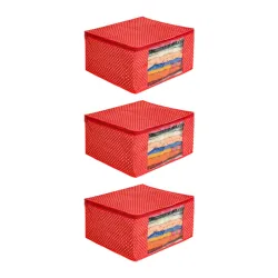 PrettyKrafts Cotton Quilted Large Sari Cover Bag with transparent window, Pack of 3, Red