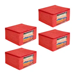 PrettyKrafts Cotton Quilted Large Sari Cover Bag with transparent window, Pack of 4, Red