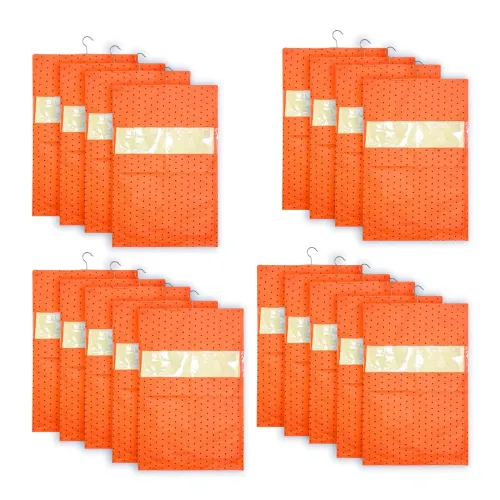 Image of PrettyKrafts dots Printed Hanging Saree Cover Wardrobe Organiser (Set of 18 pcs) - Orange