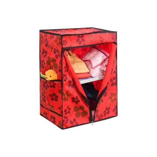 Image of PrettyKrafts Folding Wardrobe Almirah, Strong Plastic Pipes, Non Woven Fabric, Extra Side Pockets- Red
