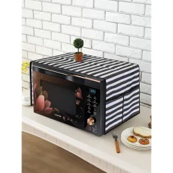 PrettyKrafts Microwave Oven Cover – Black Stripes, 4 Pockets