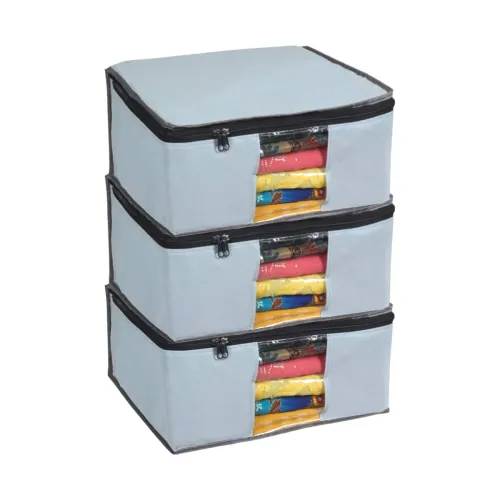 Image of Prettykrafts Set of 3 Non Woven Foldable Saree Cover/Cloth Storage Bag/Wardrobe Organizer with Zip & Transparent Window 