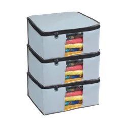 Prettykrafts Set of 3 Non Woven Foldable Saree Cover/Cloth Storage Bag/Wardrobe Organizer with Zip & Transparent Window 