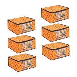 PrettyKrafts Set of 6 Non-Woven Printed Foldable Saree Covers/Wardrobe Organizer With Transparent Window And Zip/Clothes