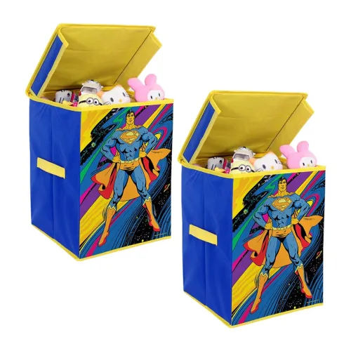 Image of PrettyKrafts Fabric Superman Toys Organizer (Set of 2 Pieces), Storage Box for Kids, with Top Lid, Big, Rectangular, Blu