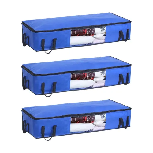 Image of PrettyKrafts Set of 3 Non Woven Underbed Storage Bag with Handles, Clear Window & Zipper Lock | Space Saving/Foldable/Re