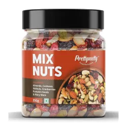 PrettyNutty Healthy Nutmix 250g, Dried Almonds, Black Raisins, Cashewnuts, Cranberries, Green Raisins, Walnut Kernels & Many More.