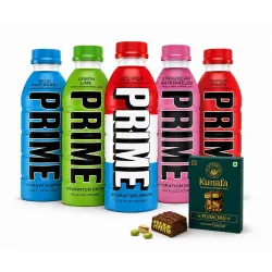 Prime Hydration Drink Variety Pack, Ice Pop, Blue Raspberry, Lemon Lime and Tropical Punch,Strawberry Flavours, 500ml Each, 5 Bottles With Free Flavourito Kunafa Chocolate 20g By Decadent Fo...