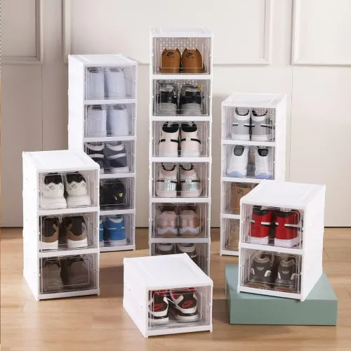 Image of Primelife Plastic Stackable Cabinet Foldable Shoe Rack Container Transparent Shoe Sneaker Box (Shoe Rack, 3 Layer)