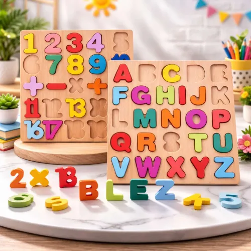 Image of PRIVATECAVE 2 Pack Wooden ABCD Alphabet Number Shape Explorative Puzzles (Multicolor)