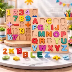 PRIVATECAVE 2 Pack Wooden ABCD Alphabet Number Shape Explorative Puzzles (Multicolor)