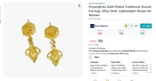 Image of Priyangkrita Gold-Plated Traditional Jhumki Earrings