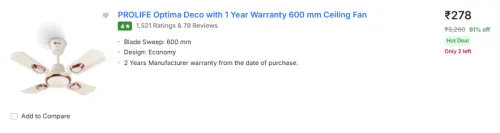 Image of PROLIFE Optima Deco with 1 Year Warranty 600 mm Ceiling Fan (Ivory | Pack of 1)