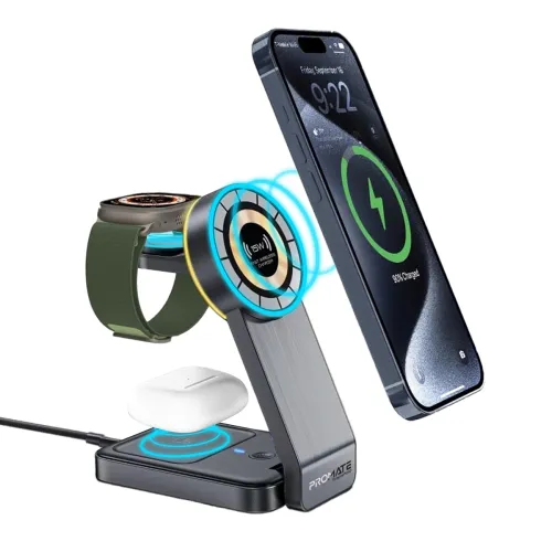 Image of Promate Transfold 3 in 1 Wireless Charger, 23 W Foldable Magnetic Mag Safe Charger for iPhone