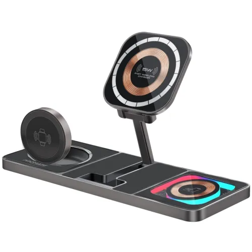 Image of Promate Transparent Docking Station , MagSafe Desk Charger with 15W Qi Foldable Charging Stand