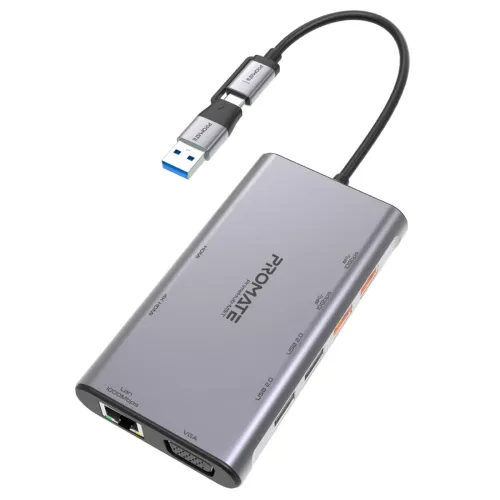 Image of Promate USB-C Hub, 9-in-1 4K Multi-Display Aluminum Hub with Dual HDMI, 1080p VGA Port