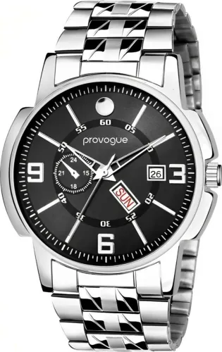 Image of PROVOGUE Original Sliver Plated Day and Date Funtioning Analog Watch - For Men SK-PG-4075-BLK-SLVR Basic Analog Watch f