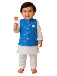 Pspeaches Boys Cotton Full Sleeves Mandarin Collar Printed Kurta & Pyjamas With Jacket 3 Piece Set|Ethnic Wear For Cute Baby Boys|Traditional & Festive Outfit