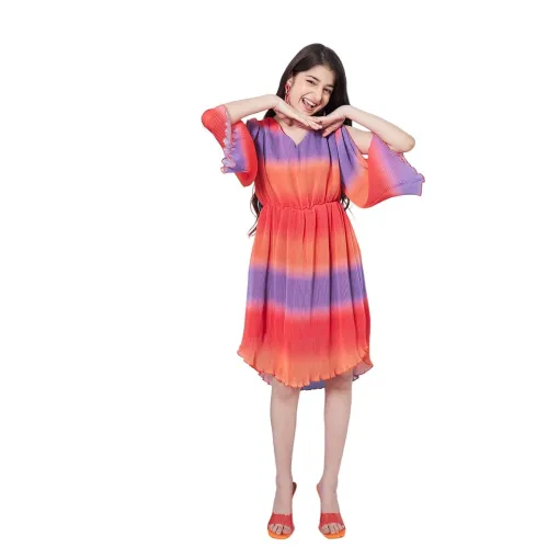 Image of Pspeaches Girl's V-Neck Tie and Dye Striped Flared Sleeve Fit Flare Dress Orange ColorTrendy Stylish Outfit