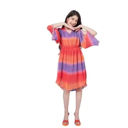 Pspeaches Girls V-Neck Tie and Dye Striped Flared Sleeve Fit Flare Dress Orange ColorTrendy Stylish Outfit