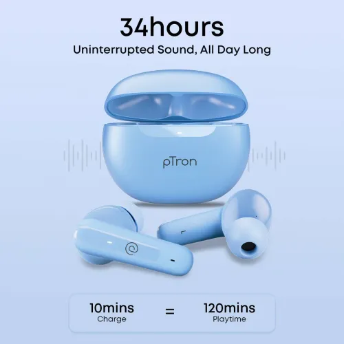 Image of PTron Bassbuds Vibe (Blue, True Wireless) – Bluetooth v5.3 Earbuds