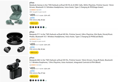 Image of pTron Earbuds @ Up to 87% Discount | Starting ₹499
