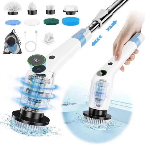 Image of PUFTEM Electric Spin Scrubber, Cordless Shower Scrubber with 8 Scrub Brush, 2 Speed with Adjustable Extension Handle, Ba