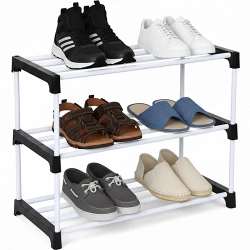 Image of PulGos 3-Tier Black Shoe Rack: Multipurpose Portable Footwear Organizer & Storage Stand | Durable Plastic & PVC | Easy t