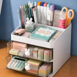 PulGos Desk Organizer with 2 Drawers| Large 3 Compartments with Pen Holders