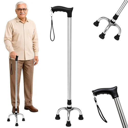 Image of PulGos Quad Base Adjustable Walking Stick for Seniors & Disabled | 4-Leg Anti-Slip Walking Cane | Lightweight Chrome-Pla